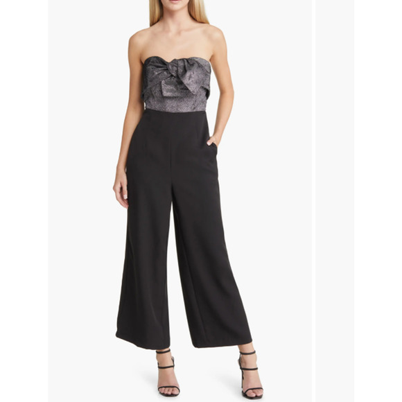 SAM EDELMAN Women Cady Jumpsuit 8 Black Silver Metallic Bow Strapless NWOT - Picture 1 of 15